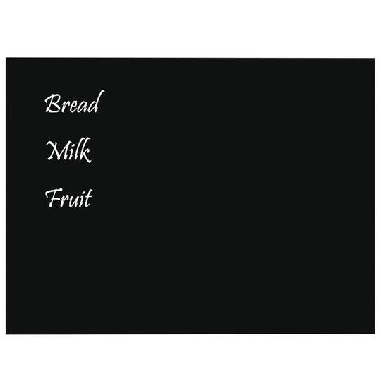 Black wall-mounted magnetic board with handwritten grocery list including bread, milk, and fruit, offering affordable quality and luxe style.