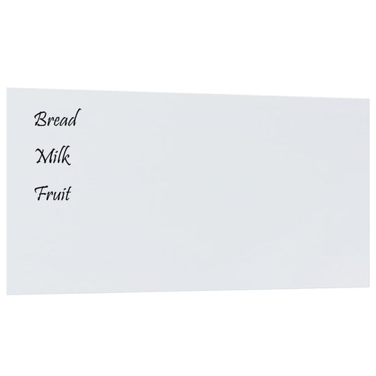 Affordable wall-mounted magnetic board with handwritten shopping list on white tempered glass surface, perfect for DIY home decor.