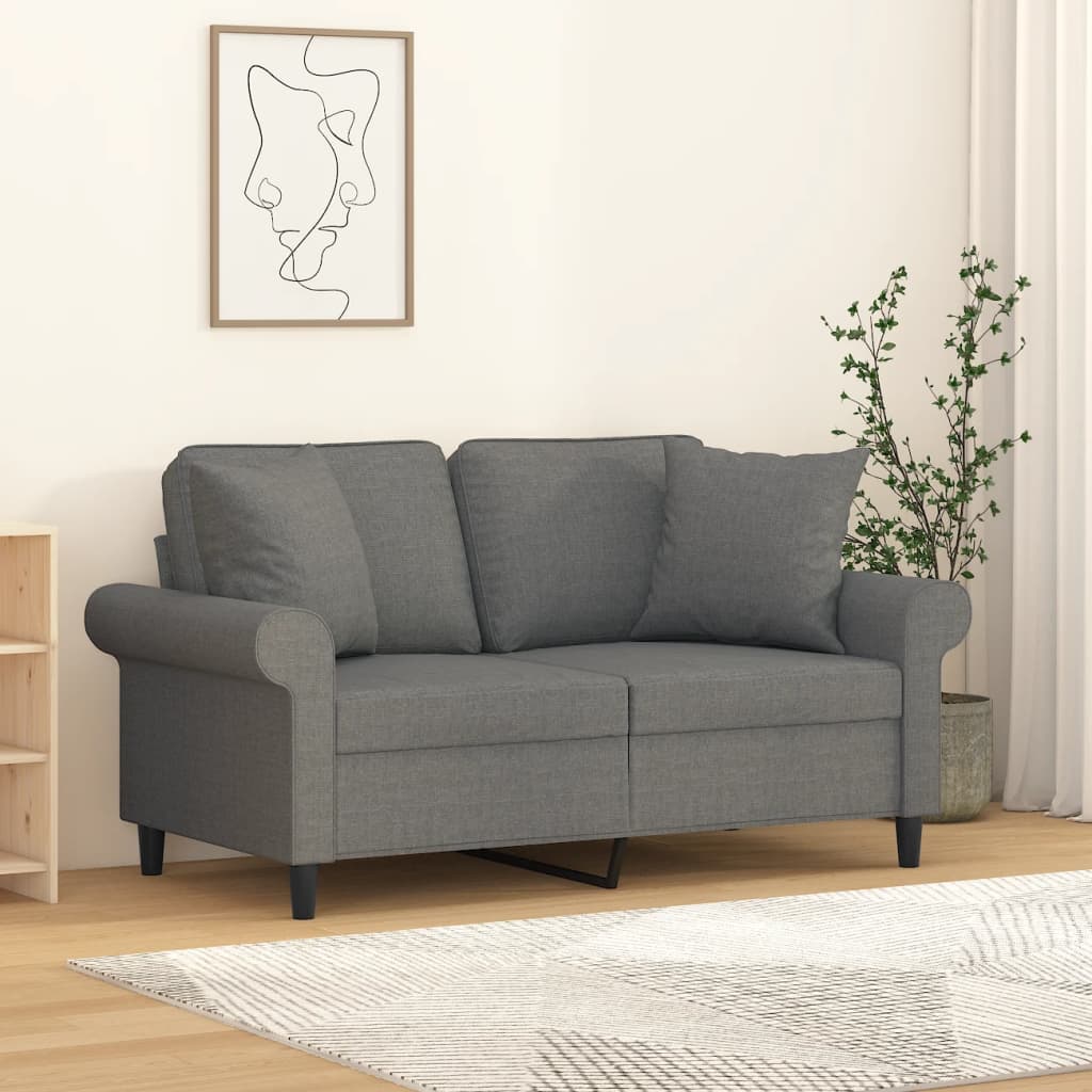 Dark grey sofa with matching throw pillows on a light wooden floor in a modern living room setting