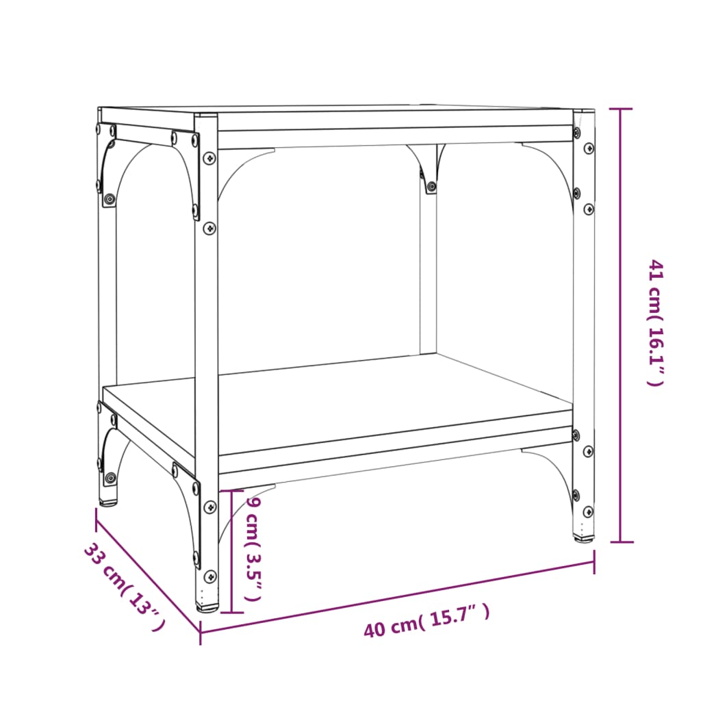 Dimensions for affordable quality TV cabinet in brown oak with engineered wood and steel frame; 40x33x41 cm with shelves for storage.