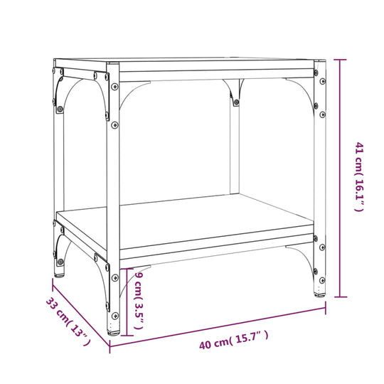 Dimensions for affordable quality TV cabinet in brown oak with engineered wood and steel frame; 40x33x41 cm with shelves for storage.