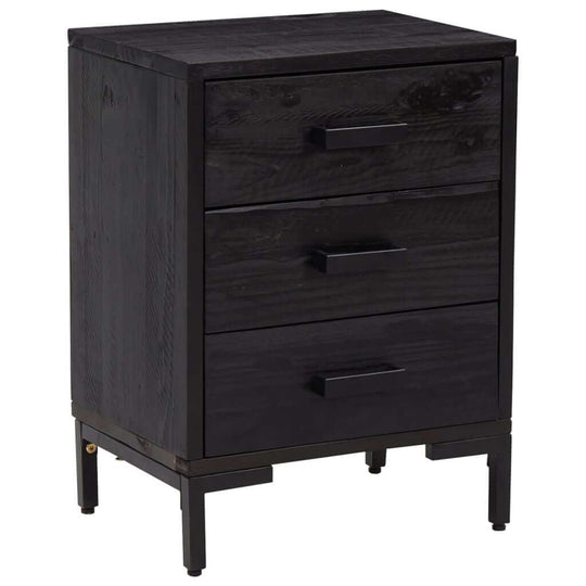 Affordable vintage-style black bedside cabinet made of quality solid pinewood with three drawers providing ample storage space.