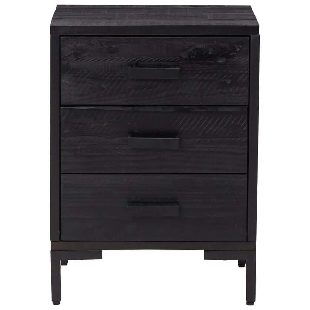 Black solid pinewood bedside cabinet with three drawers offering ample storage, affordable and vintage industrial look.