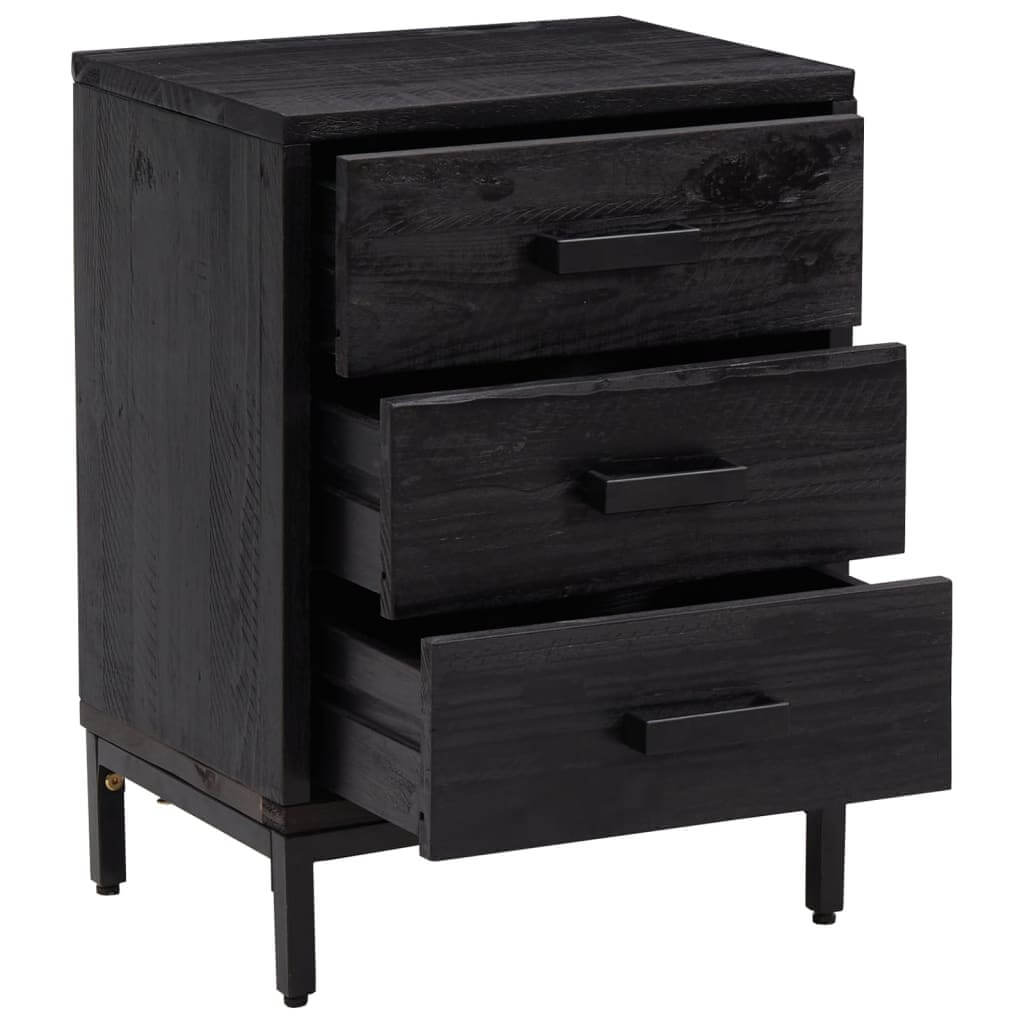 Affordable quality bedside cabinet in black solid pinewood, 40x30x55 cm, with ample storage space and vintage industrial look.