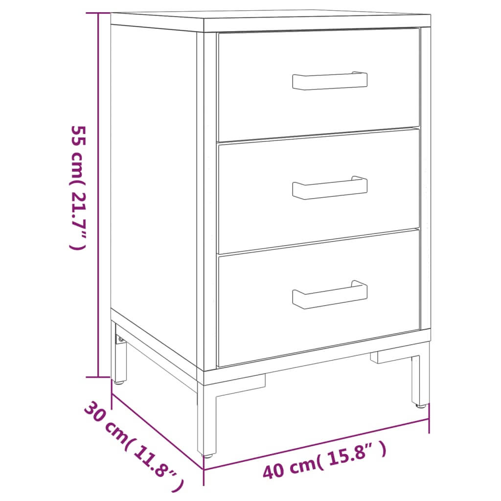 Dimensions of Bedside Cabinet Black 40x30x55 cm with three drawers, crafted from solid pinewood for an affordable, quality, and vintage look.