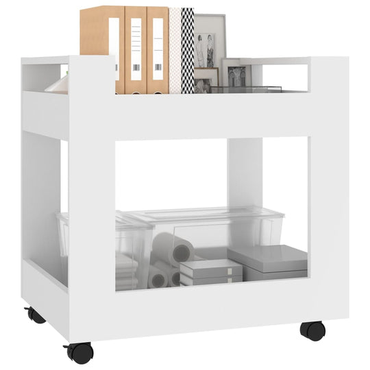 White 60x45x60 cm engineered wood desk trolley with utility casters, offering affordable and quality storage for organizing papers and office supplies