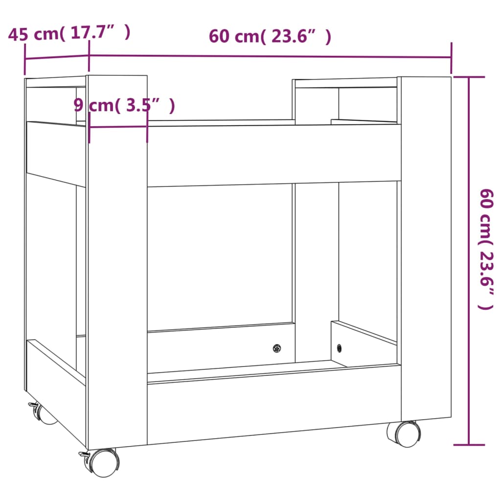 Diagram of Desk Trolley White 60x45x60 cm with measurements, featuring engineered wood and four rolling castors for affordable, quality value.