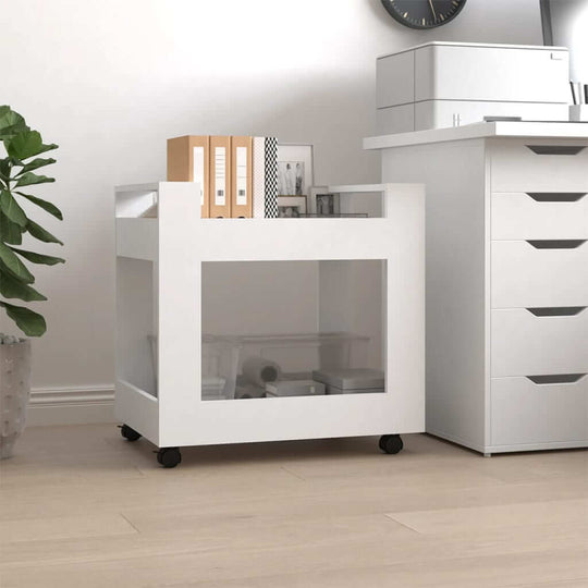 Affordable white desk trolley 60x45x60 cm made of quality engineered wood with utility casters, helping organize papers and tidy up any room.