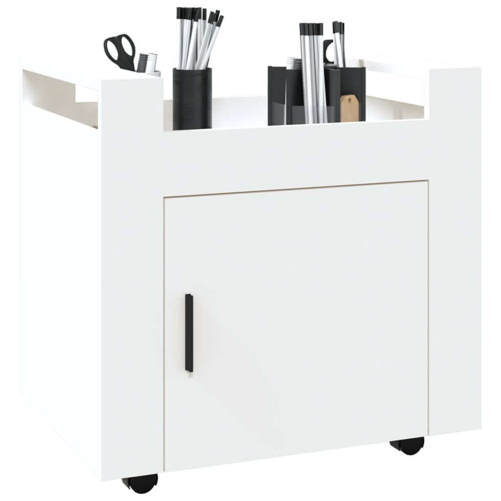 Affordable white engineered wood desk trolley with office supplies, featuring utility casters for easy movement and superior quality.