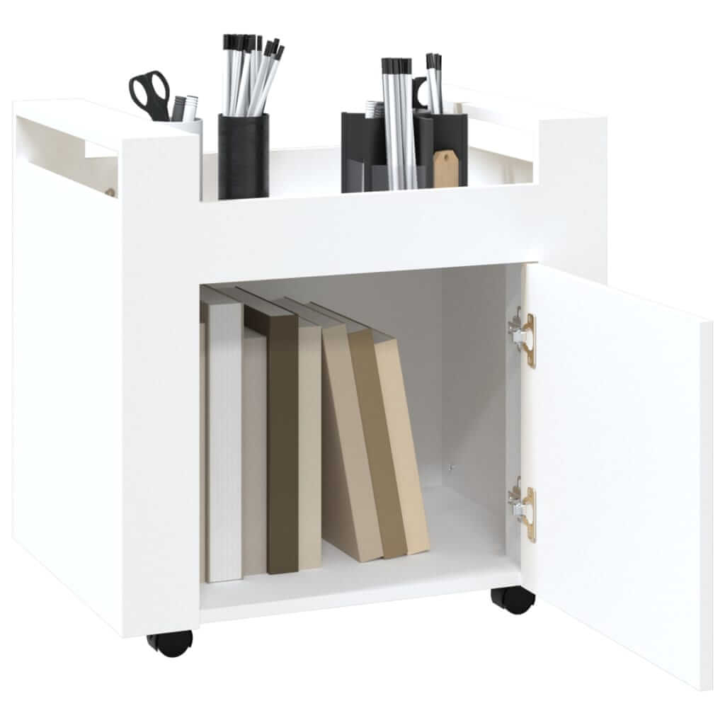 Affordable and quality white desk trolley 60x45x60 cm with casters, made of engineered wood, featuring storage for books and office supplies.