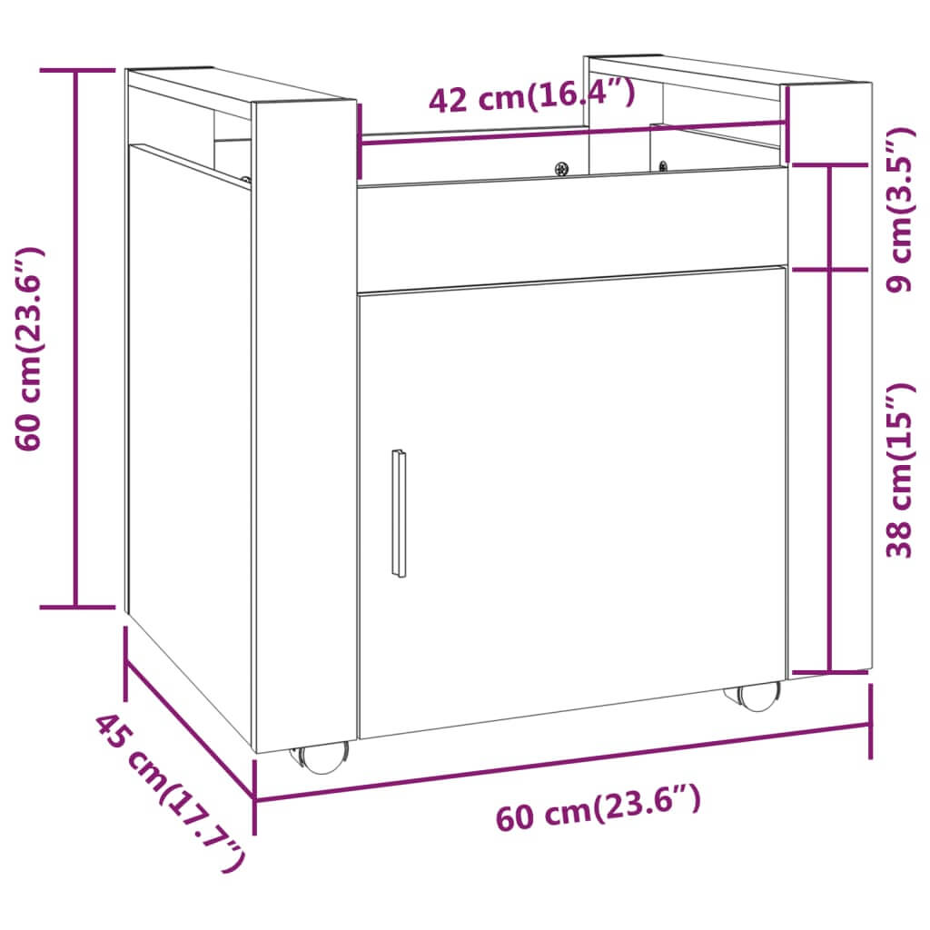 Dimensions of Desk Trolley White 60x45x60 cm in engineered wood with casters in black and white line drawing illustration.