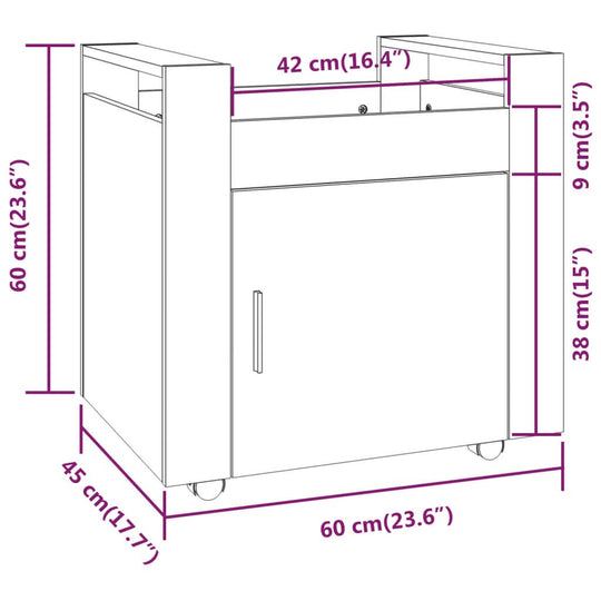 Dimensions of Desk Trolley White 60x45x60 cm in engineered wood with casters in black and white line drawing illustration.