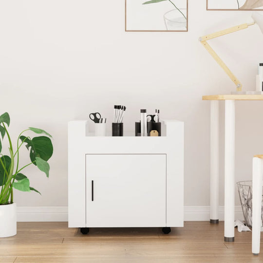 White desk trolley 60x45x60 cm made of engineered wood with utility casters, offering affordable and quality organization for office.