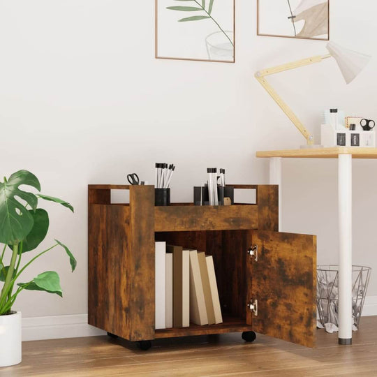 Affordable and quality desk trolley in smoked oak finish with utility casters, made of durable engineered wood, perfect for organizing office space.