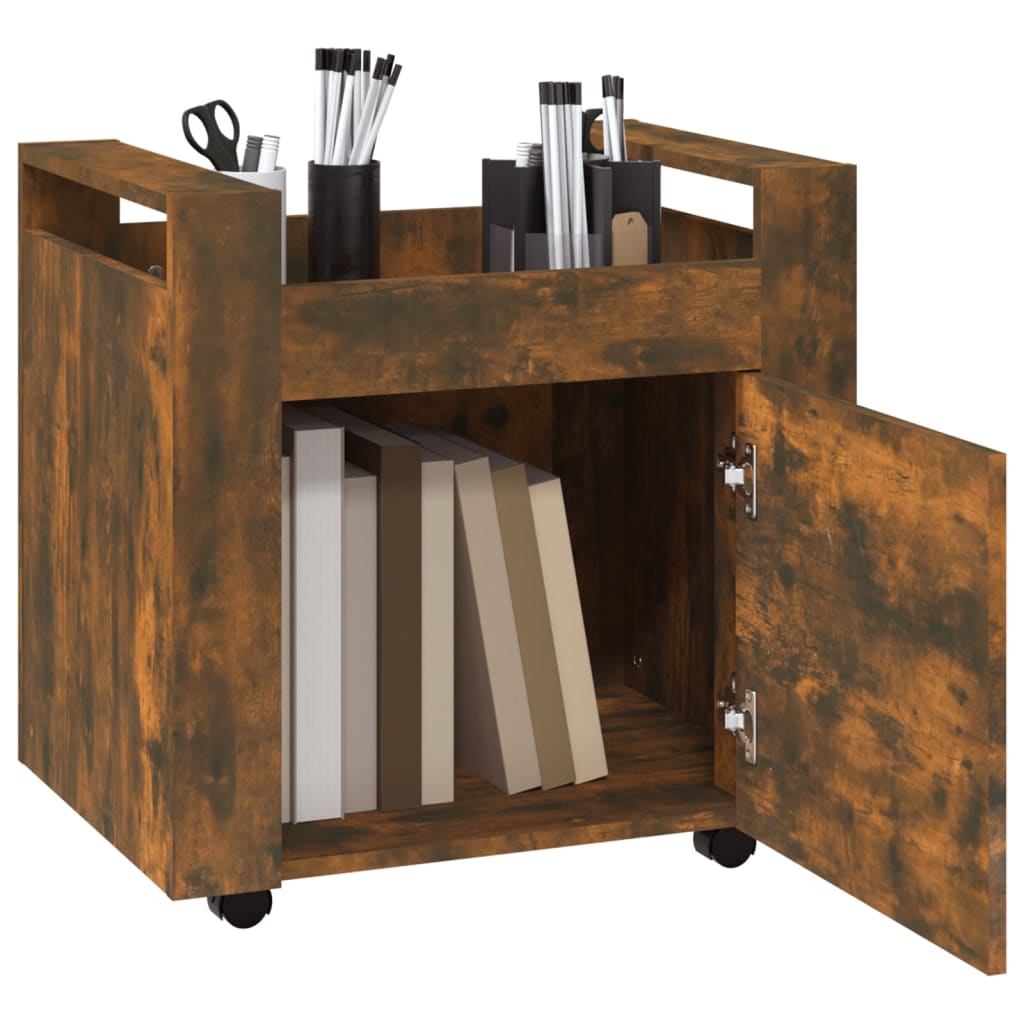 Desk trolley in smoked oak 60x45x60 cm with engineered wood, featuring utility casters, organized desk, and storage space for cheap, quality value.