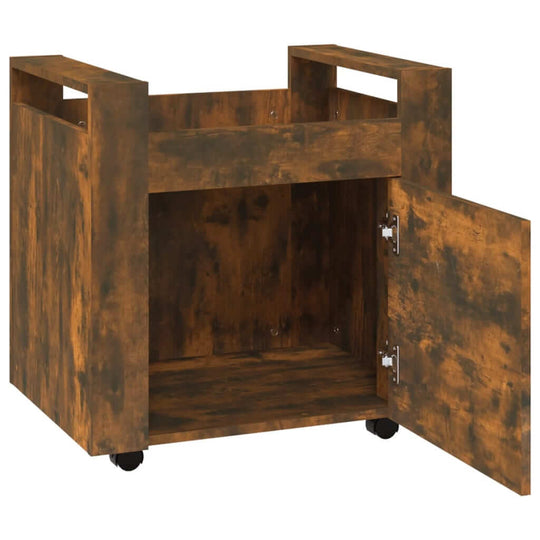 Desk trolley in smoked oak engineered wood with open cabinet door, featuring utility casters for mobility and offering affordable quality storage