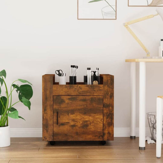 Desk trolley in smoked oak with storage space and utility casters, affordable and quality engineered wood for a tidy workspace.