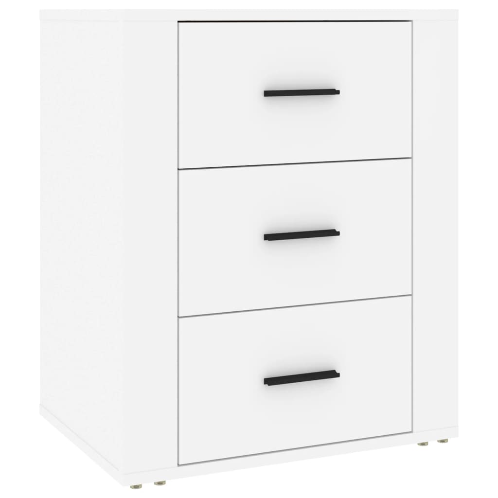 Affordable white bedside cabinet with 3 drawers, 50x36x60 cm, made of quality engineered wood, offering ample storage and classic design.