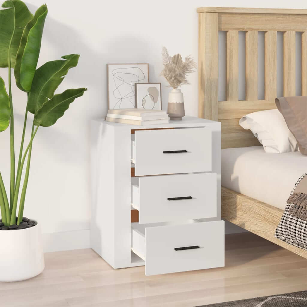 Affordable white bedside cabinet with 3 drawers, quality engineered wood, next to bed, stylish design for value and ample storage.