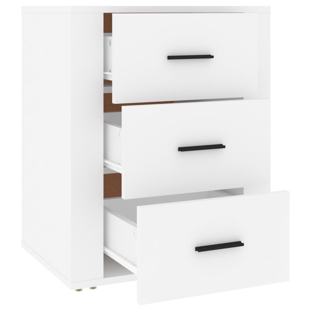 Affordable white bedside cabinet with three open drawers, made from quality engineered wood. Perfect for organized storage and modern interiors.