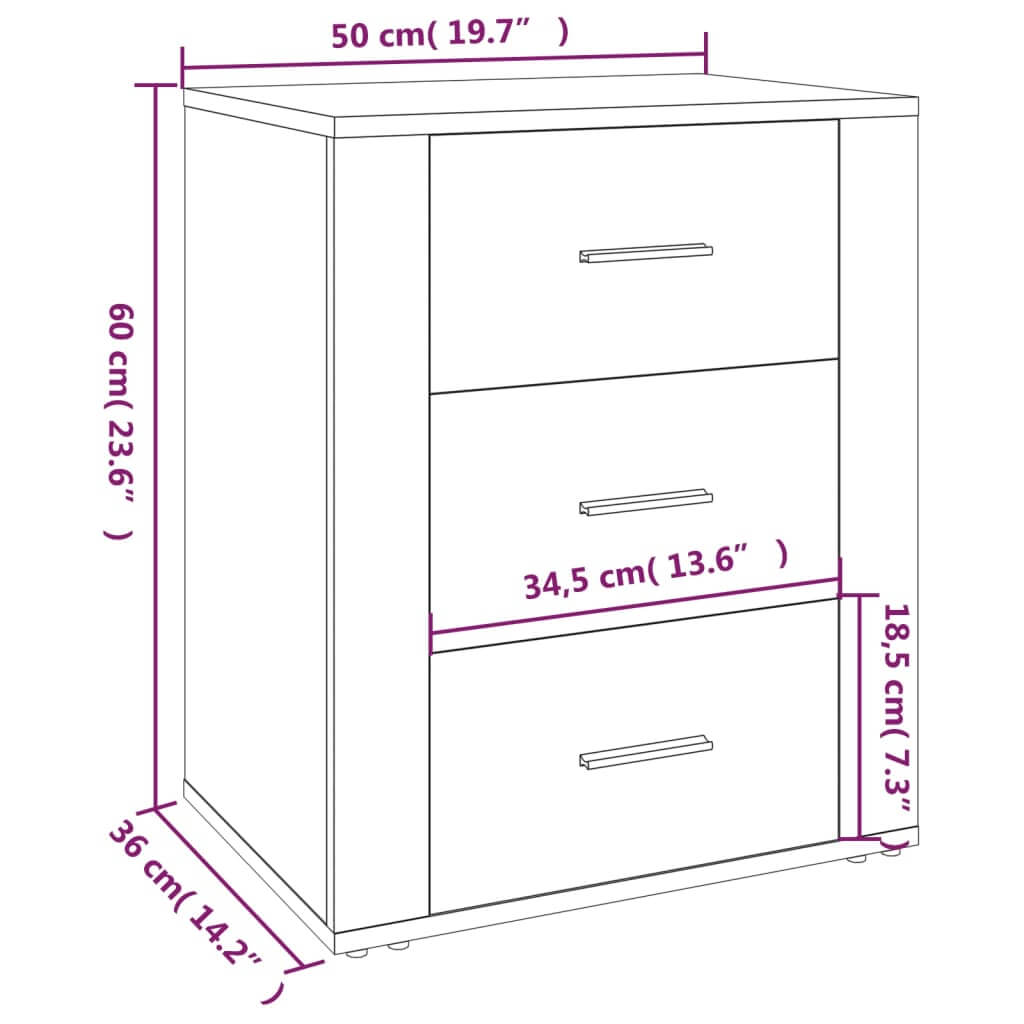 Dimensions diagram for a white bedside cabinet, 50x36x60 cm, with three drawers.