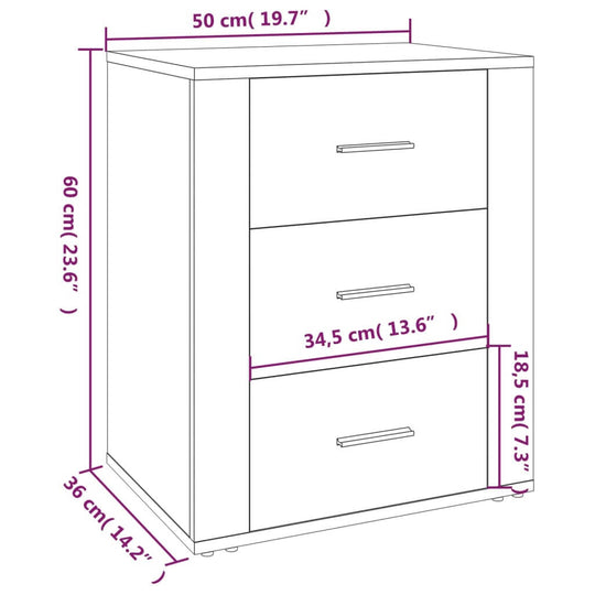 Dimensions diagram for a white bedside cabinet, 50x36x60 cm, with three drawers.