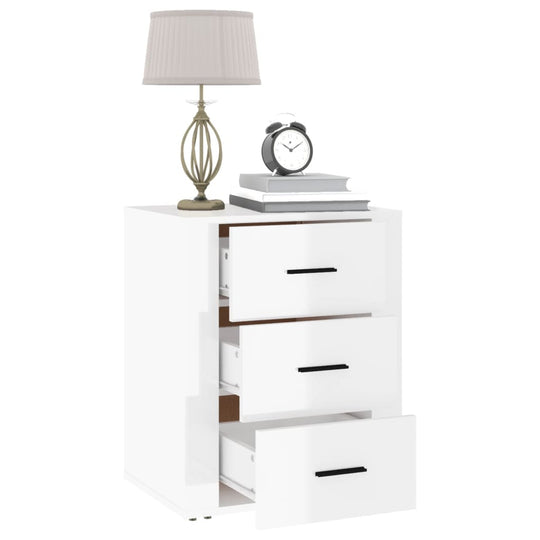 Affordable high gloss white bedside cabinet with three drawers, engineered wood, quality value nightstand with lamp and clock.