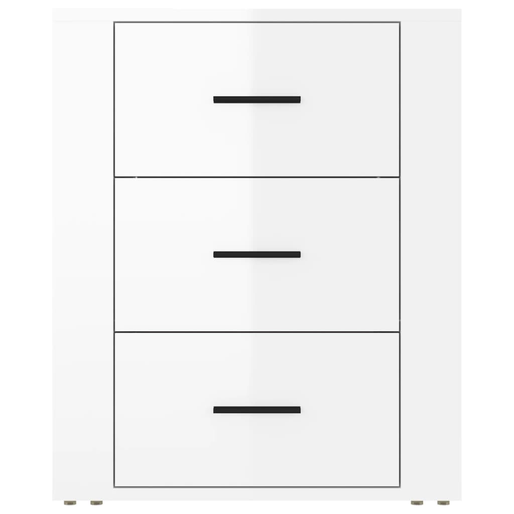 Affordable and quality high gloss white bedside cabinet with 3 drawers made of engineered wood, offering ample storage and durability.