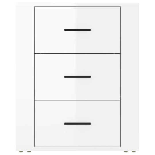 Affordable and quality high gloss white bedside cabinet with 3 drawers made of engineered wood, offering ample storage and durability.