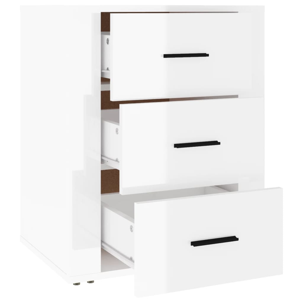 High gloss white bedside cabinet with three drawers made of engineered wood, offering affordable, quality, and value storage solutions