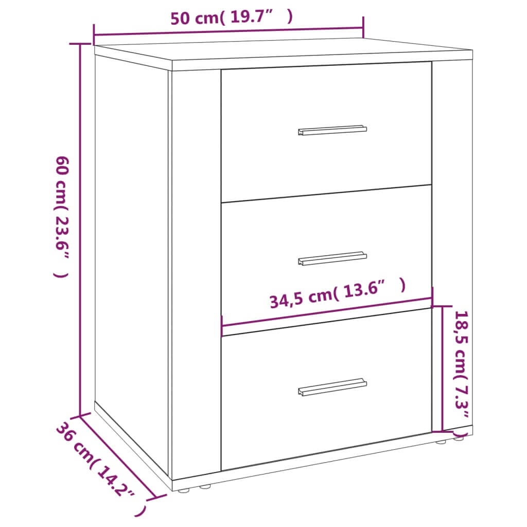 Dimensions of high gloss white bedside cabinet 50x36x60 cm with 3 drawers, engineered wood, affordable and quality value.