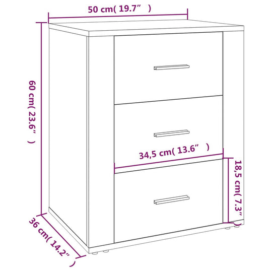 Dimensions of high gloss white bedside cabinet 50x36x60 cm with 3 drawers, engineered wood, affordable and quality value.