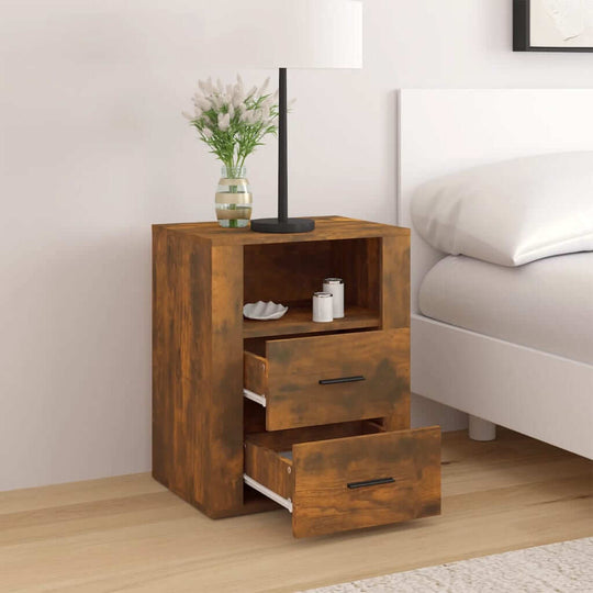 Affordable and stylish bedside cabinet in smoked oak with 2 drawers and 1 compartment, providing quality storage and value for your bedroom.