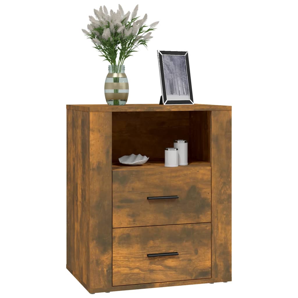 Bedside cabinet in smoked oak with 2 drawers and 1 compartment, adorned with decor items, offering affordable and quality storage solutions.