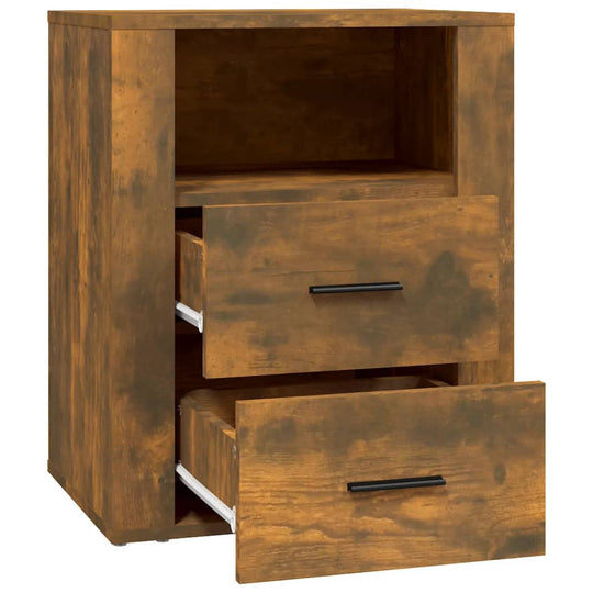 Affordable quality smoked oak bedside cabinet 50x36x60 cm with 2 drawers and 1 compartment for ample storage; sleek and classic design.