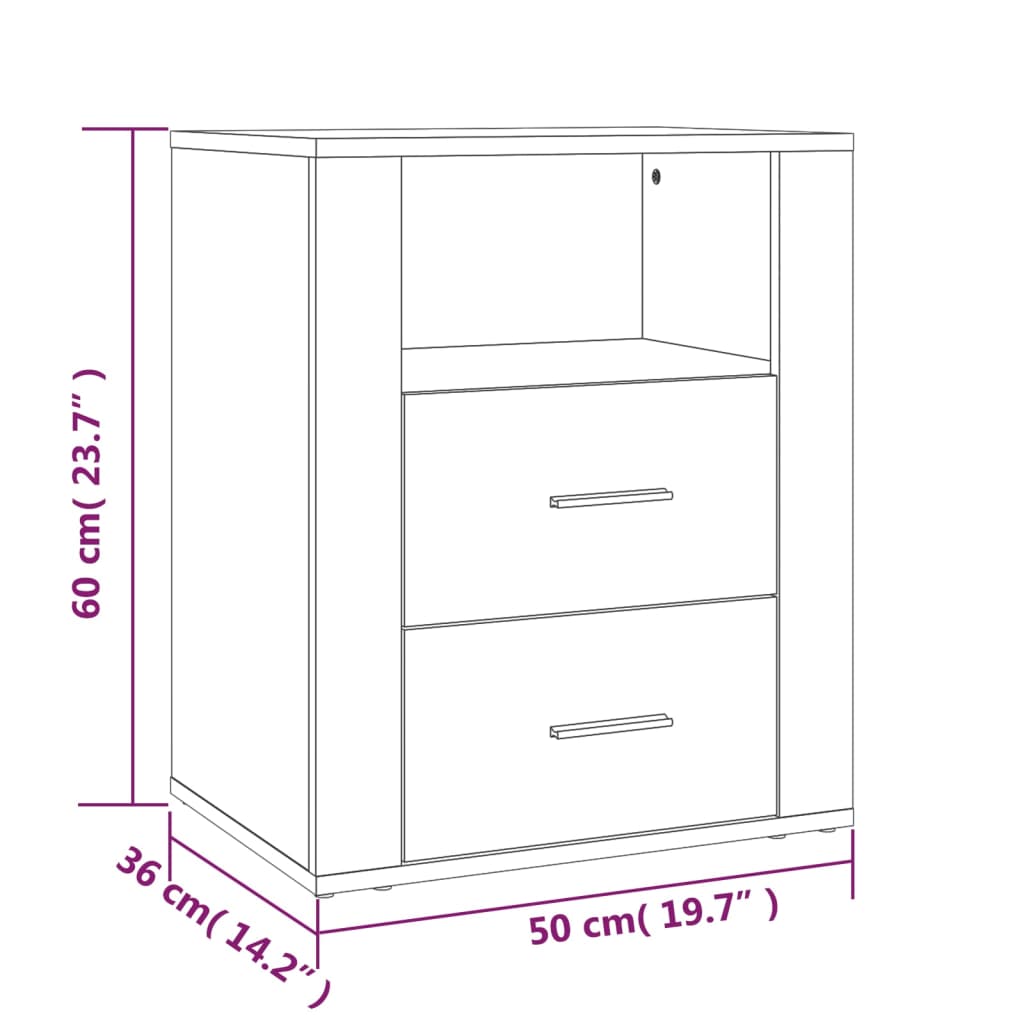 Diagram of Bedside Cabinet with dimensions 50x36x60 cm, featuring 2 drawers and 1 compartment.