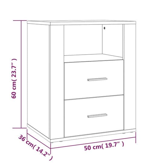 Diagram of Bedside Cabinet with dimensions 50x36x60 cm, featuring 2 drawers and 1 compartment.