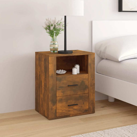 Bedside cabinet in smoked oak finish with two drawers and a compartment, affordable and quality engineered wood, next to a bed with a lamp and vase decor.