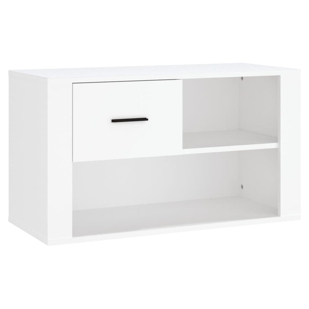 White engineered wood shoe cabinet with two compartments, 80x35x45 cm, offering affordable, quality storage for shoes.