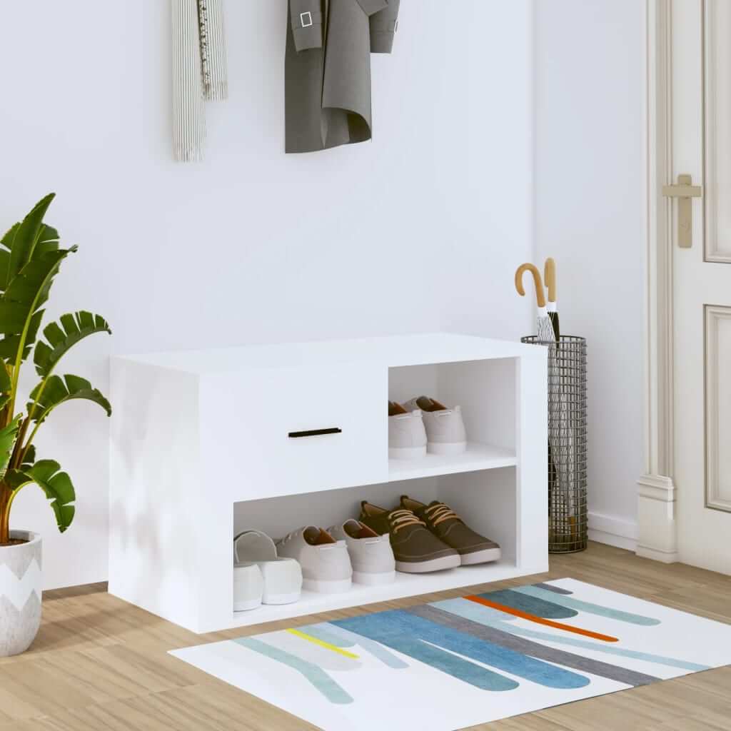 White engineered wood shoe cabinet 80x35x45 cm with ample storage, perfect for organizing shoes; affordable, budget-friendly quality.