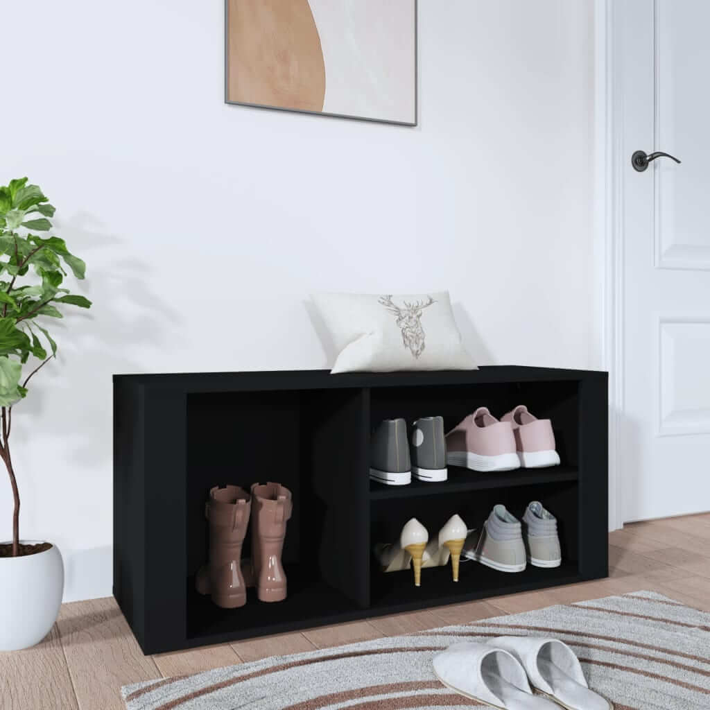 Black engineered wood shoe cabinet 100x35x45 cm with storage compartments, showcasing neatly organized shoes on a budget-friendly solution.