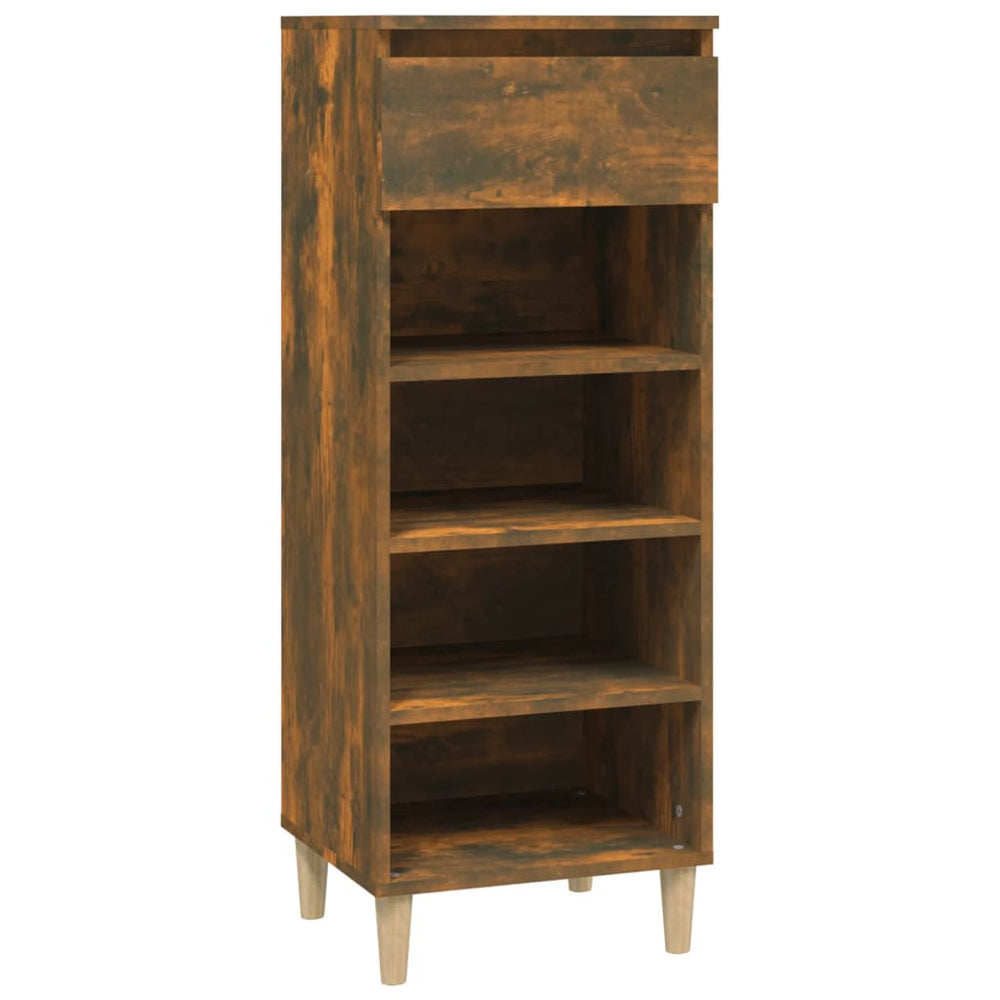 Affordable smoked oak shoe cabinet with 4 shelves and 1 drawer, made of quality engineered wood, offering budget-friendly storage.