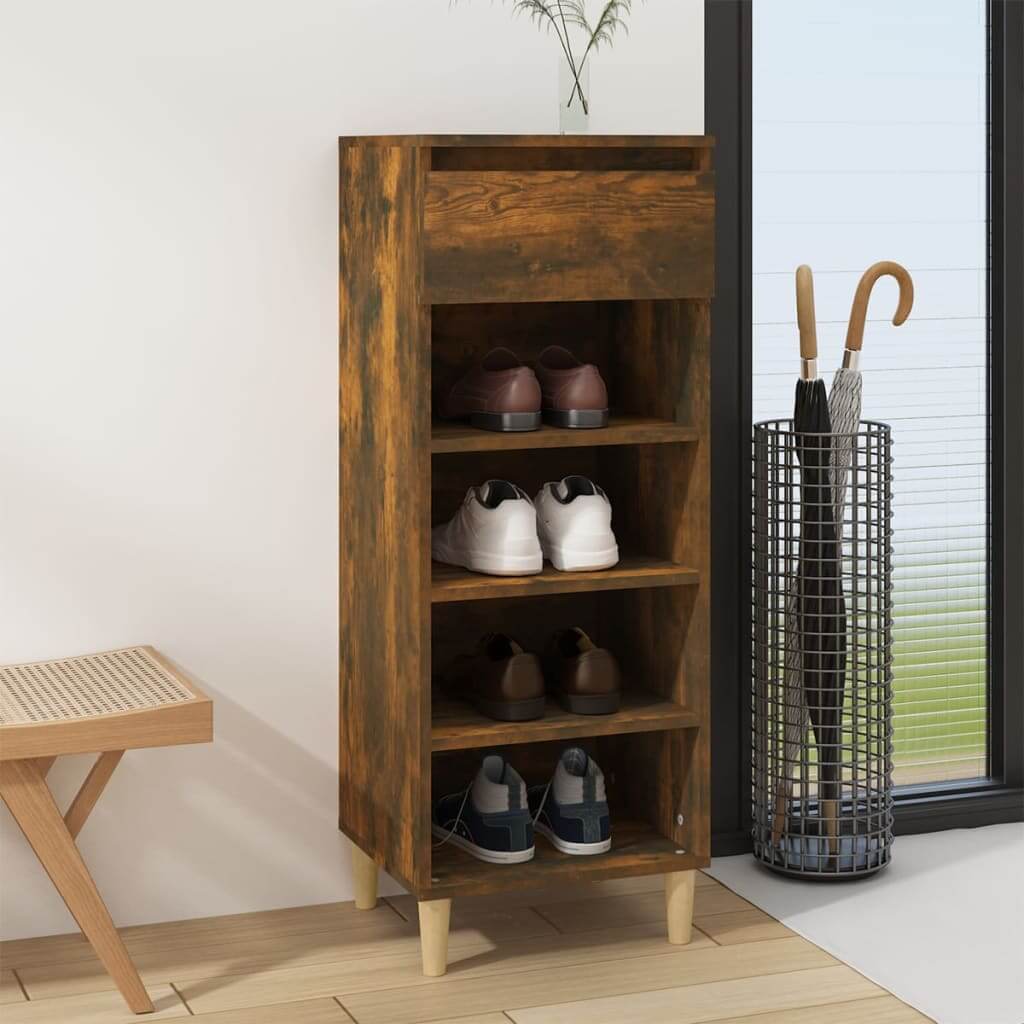 Affordable smoked oak shoe cabinet with four shelves and one drawer, made of quality engineered wood, perfect for budget-friendly storage.