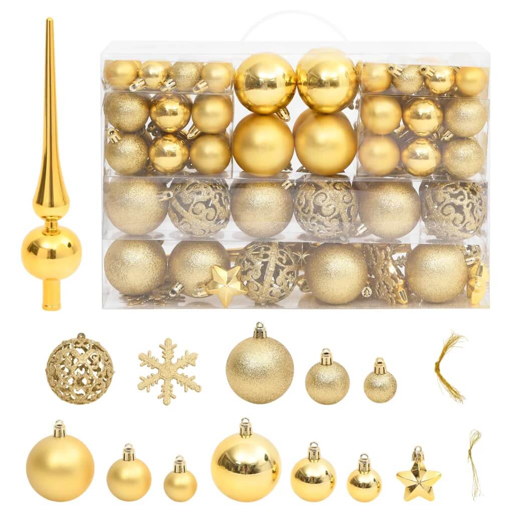 111 Piece affordable quality gold Christmas bauble set, various styles and sizes made of shatterproof polystyrene, festive tree ornaments