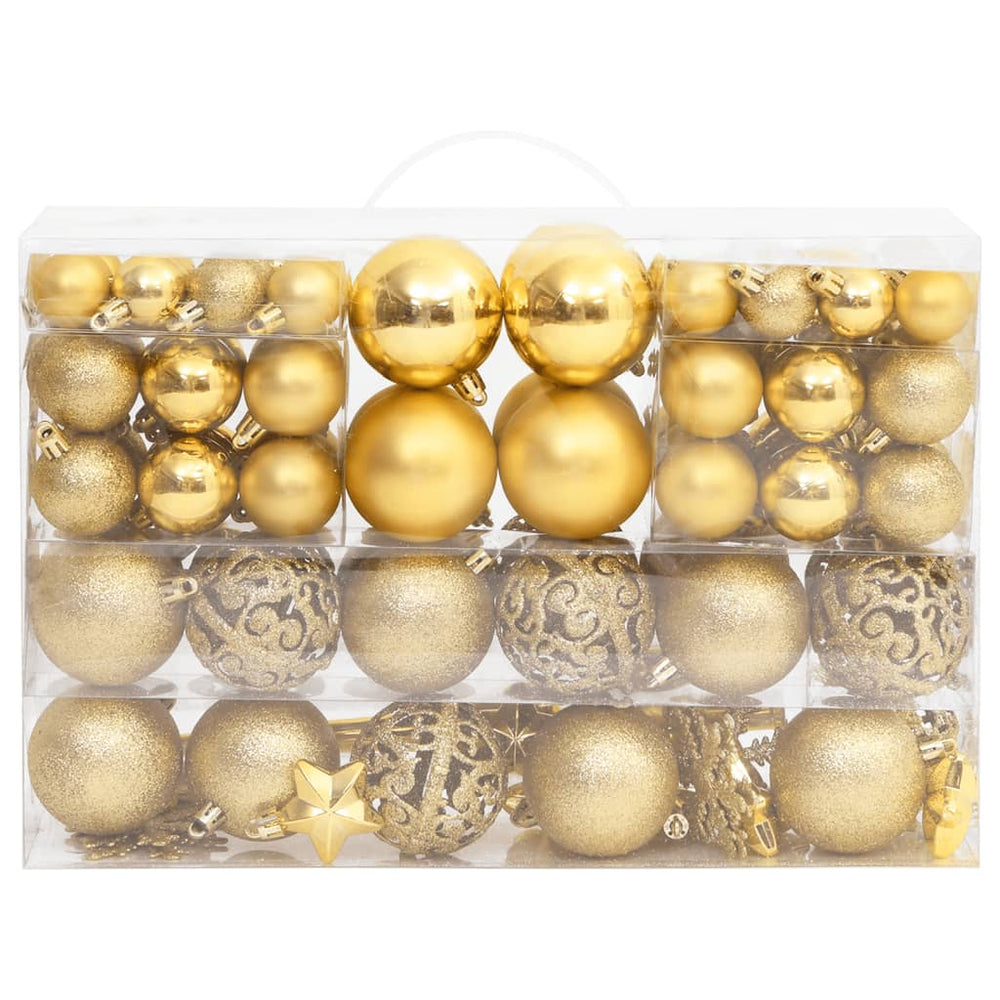 Gold polystyrene Christmas bauble set, 111 pieces, shatterproof and affordable. Includes various styles and sizes for quality decor.