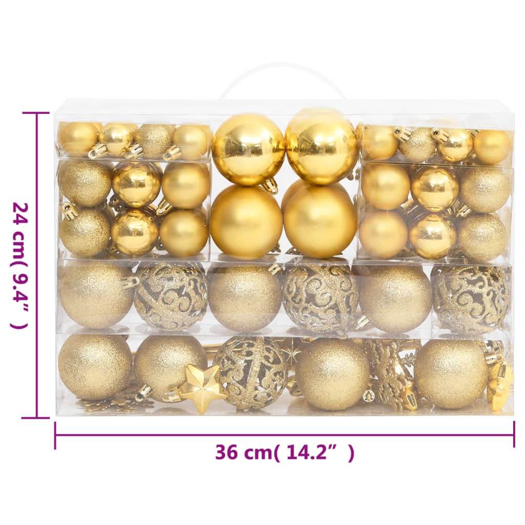 111 Piece Gold Christmas Bauble Set in Various Sizes Made of Shatterproof Polystyrene for Quality and Affordable Holiday Decor