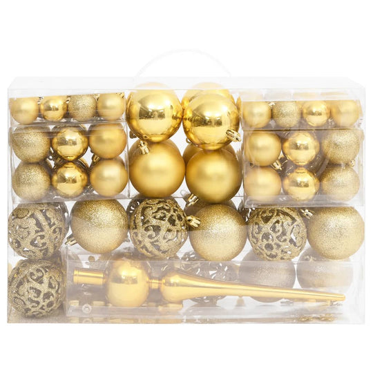 111 Piece Gold Christmas Bauble Set in various sizes. Affordable, quality shatterproof polystyrene decorations for festive tree adornment.