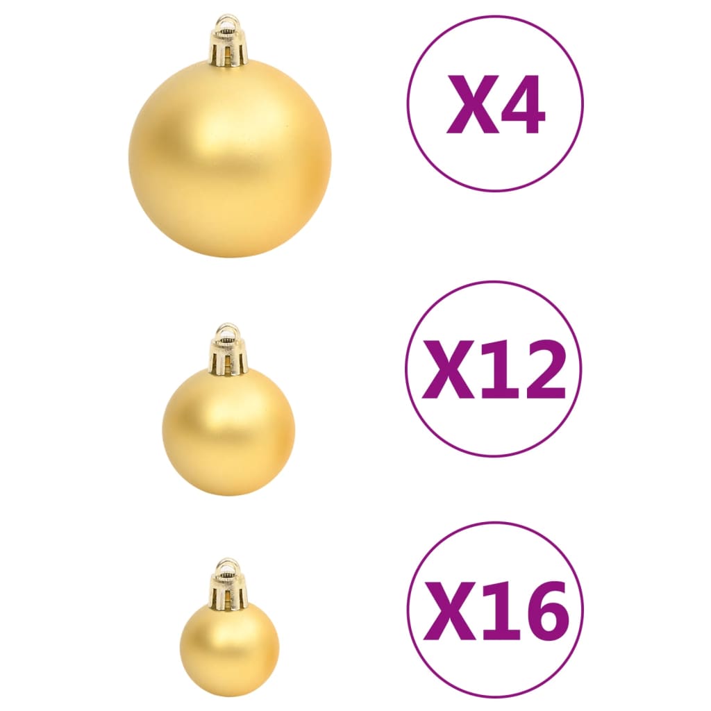 Gold Christmas baubles in three sizes with quantities displayed, part of a 111-piece affordable quality shatterproof set.