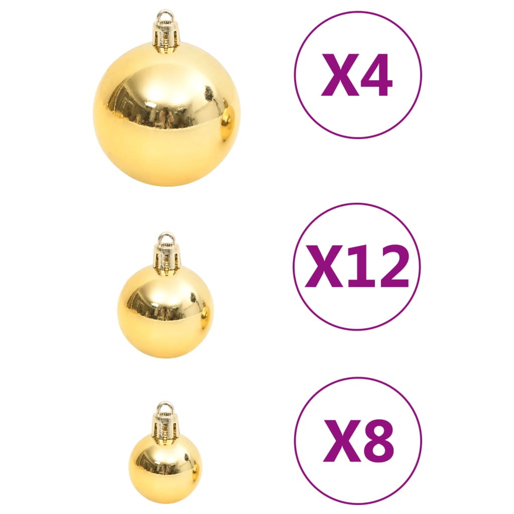 Gold Christmas baubles in polystyrene, available in three sizes; 4 large, 12 medium, and 8 small, offering affordable quality decoration.