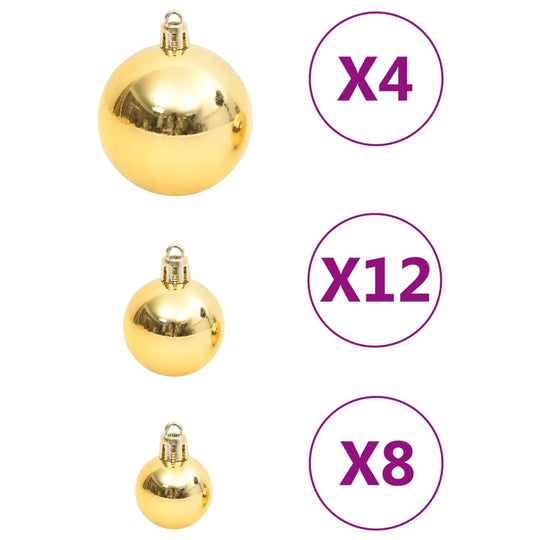 Gold Christmas baubles in polystyrene, available in three sizes; 4 large, 12 medium, and 8 small, offering affordable quality decoration.